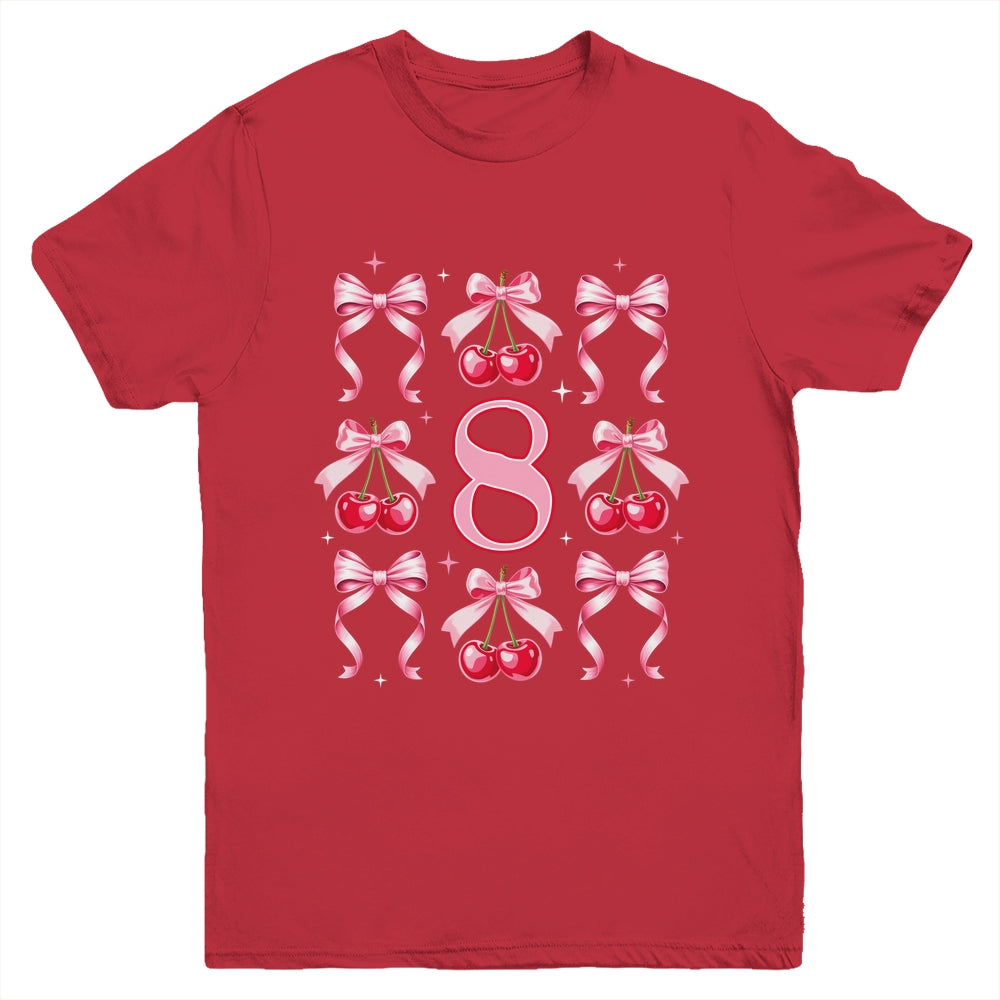 Birthday Girl 8th Birthday Cherry Coquette Bow 8 Years Old Youth Shirt | teecentury
