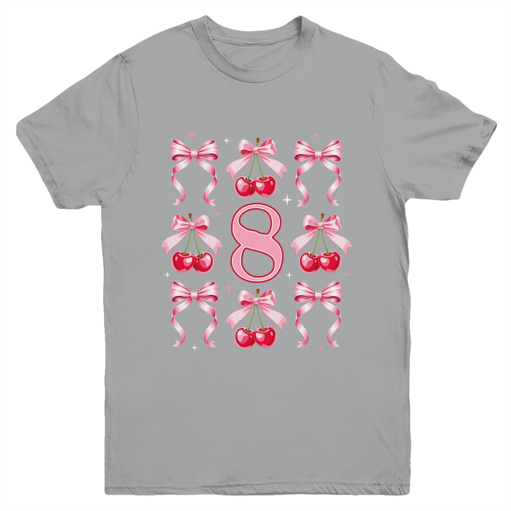 Birthday Girl 8th Birthday Cherry Coquette Bow 8 Years Old Youth Shirt | teecentury