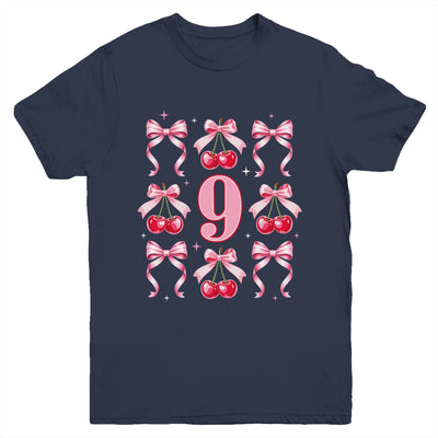 Birthday Girl 9th Birthday Cherry Coquette Bow 9 Years Old Youth Shirt | teecentury