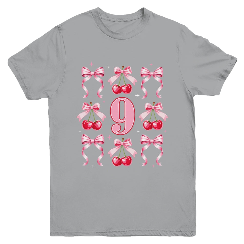 Birthday Girl 9th Birthday Cherry Coquette Bow 9 Years Old Youth Shirt | teecentury