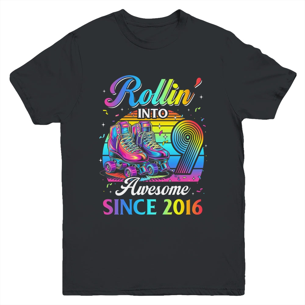 Birthday Roller Skating 9th Girl Rollin Into 9 Skate Party Youth Shirt | teecentury