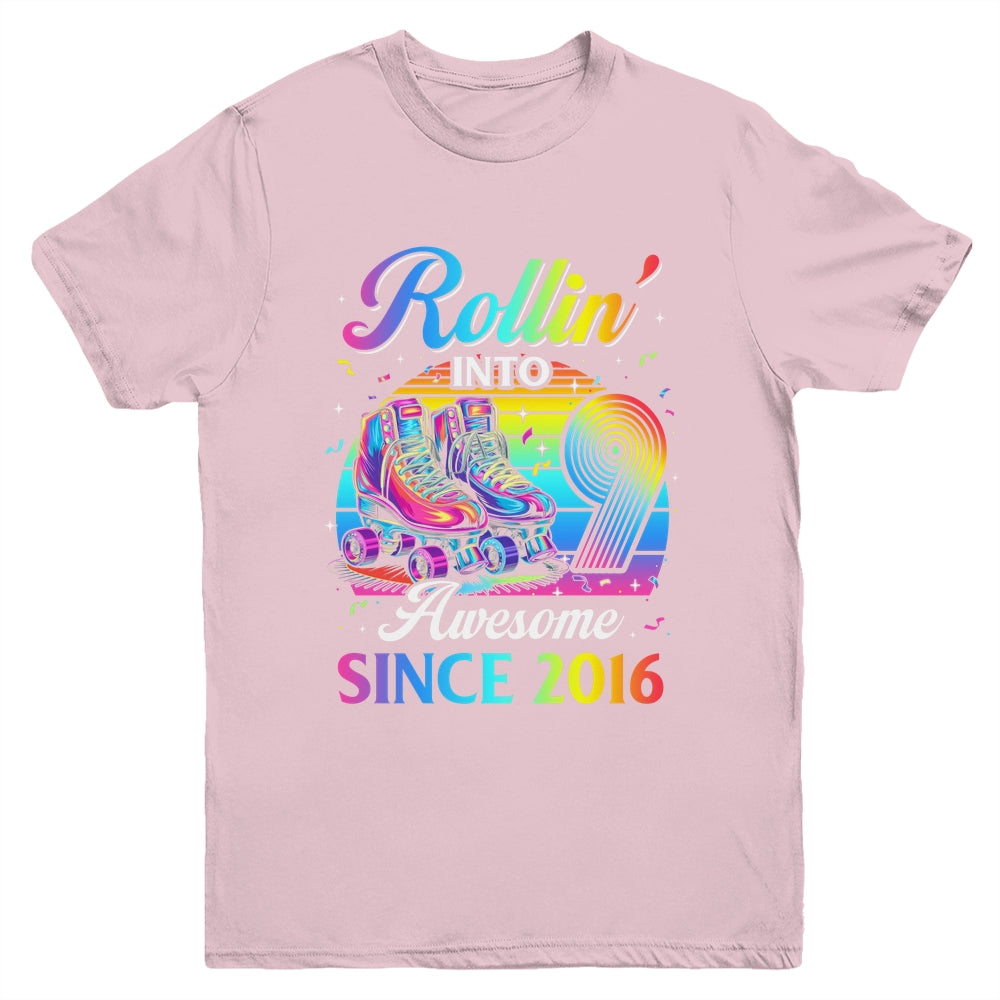 Birthday Roller Skating 9th Girl Rollin Into 9 Skate Party Youth Shirt | teecentury