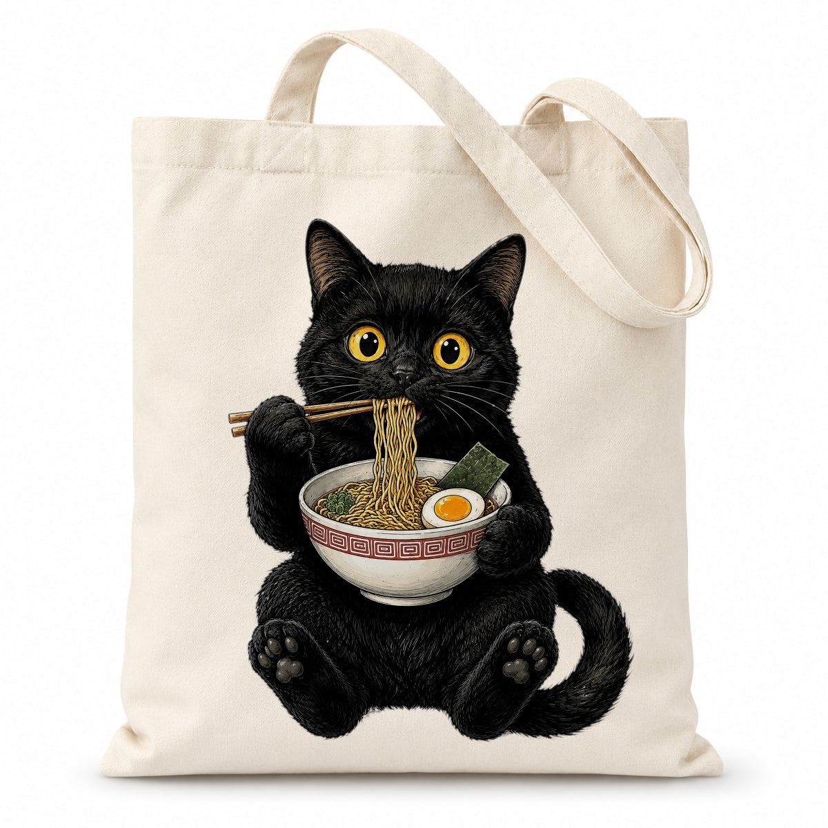 Black Cat Eating Ramen Tote Bag Cute Kawaii Cat Foodie Aesthetic Canvas Tote Bag For Women Girls Japanese Noodle Lover Gift Daily Use Shoulder Bag Bestie Coworker | teecentury