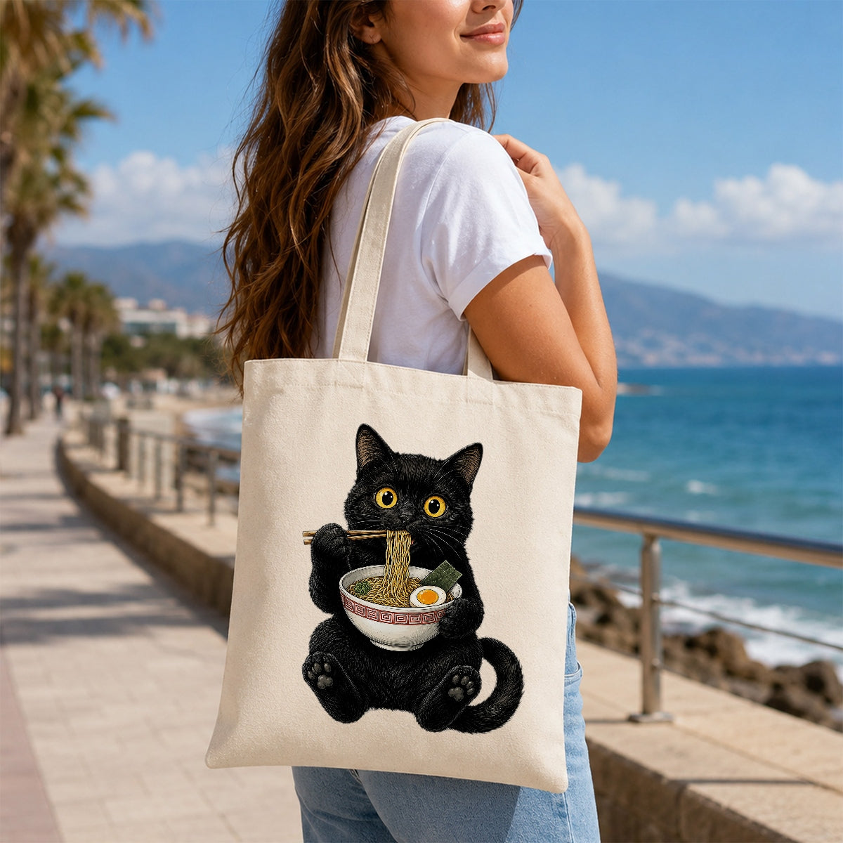 Black Cat Eating Ramen Tote Bag Cute Kawaii Cat Foodie Aesthetic Canvas Tote Bag For Women Girls Japanese Noodle Lover Gift Daily Use Shoulder Bag Bestie Coworker | teecentury