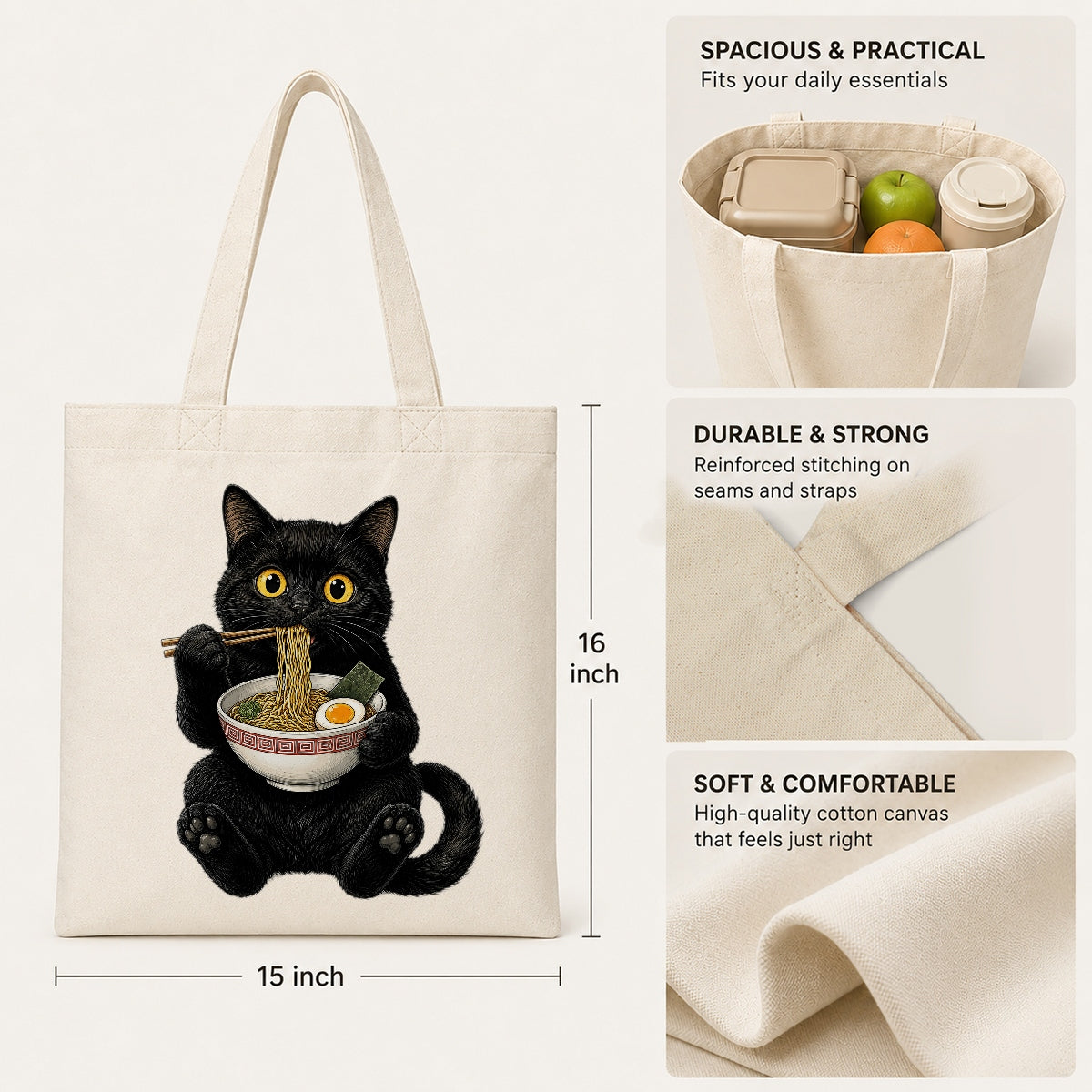 Black Cat Eating Ramen Tote Bag Cute Kawaii Cat Foodie Aesthetic Canvas Tote Bag For Women Girls Japanese Noodle Lover Gift Daily Use Shoulder Bag Bestie Coworker | teecentury