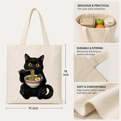Black Cat Eating Ramen Tote Bag Cute Kawaii Cat Foodie Aesthetic Canvas Tote Bag For Women Girls Japanese Noodle Lover Gift Daily Use Shoulder Bag Bestie Coworker | teecentury
