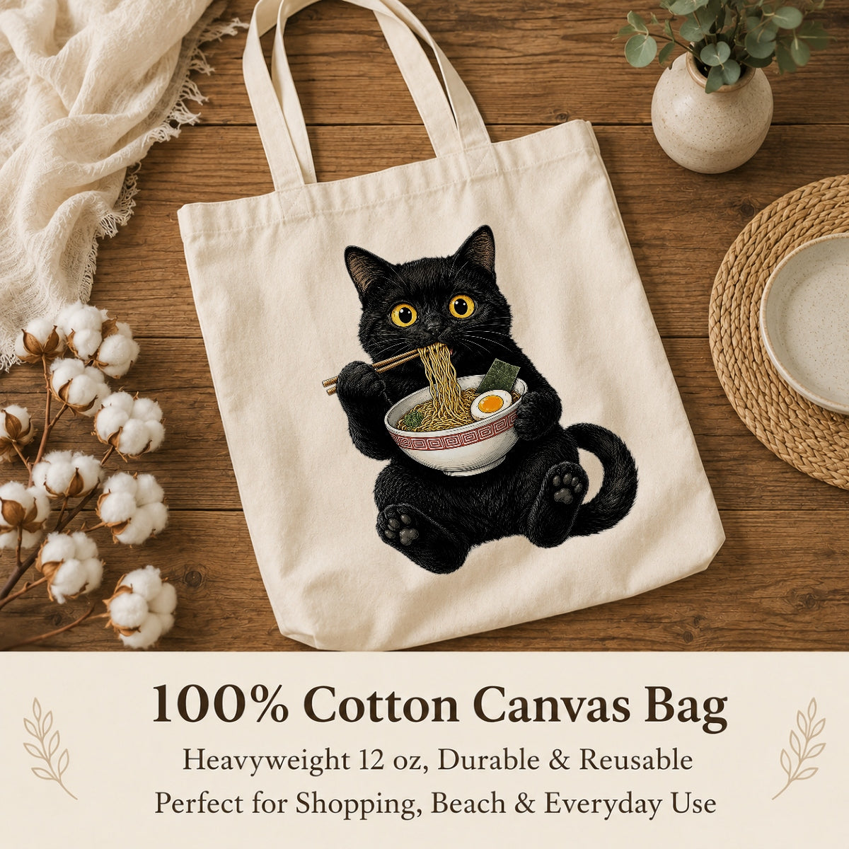 Black Cat Eating Ramen Tote Bag Cute Kawaii Cat Foodie Aesthetic Canvas Tote Bag For Women Girls Japanese Noodle Lover Gift Daily Use Shoulder Bag Bestie Coworker | teecentury