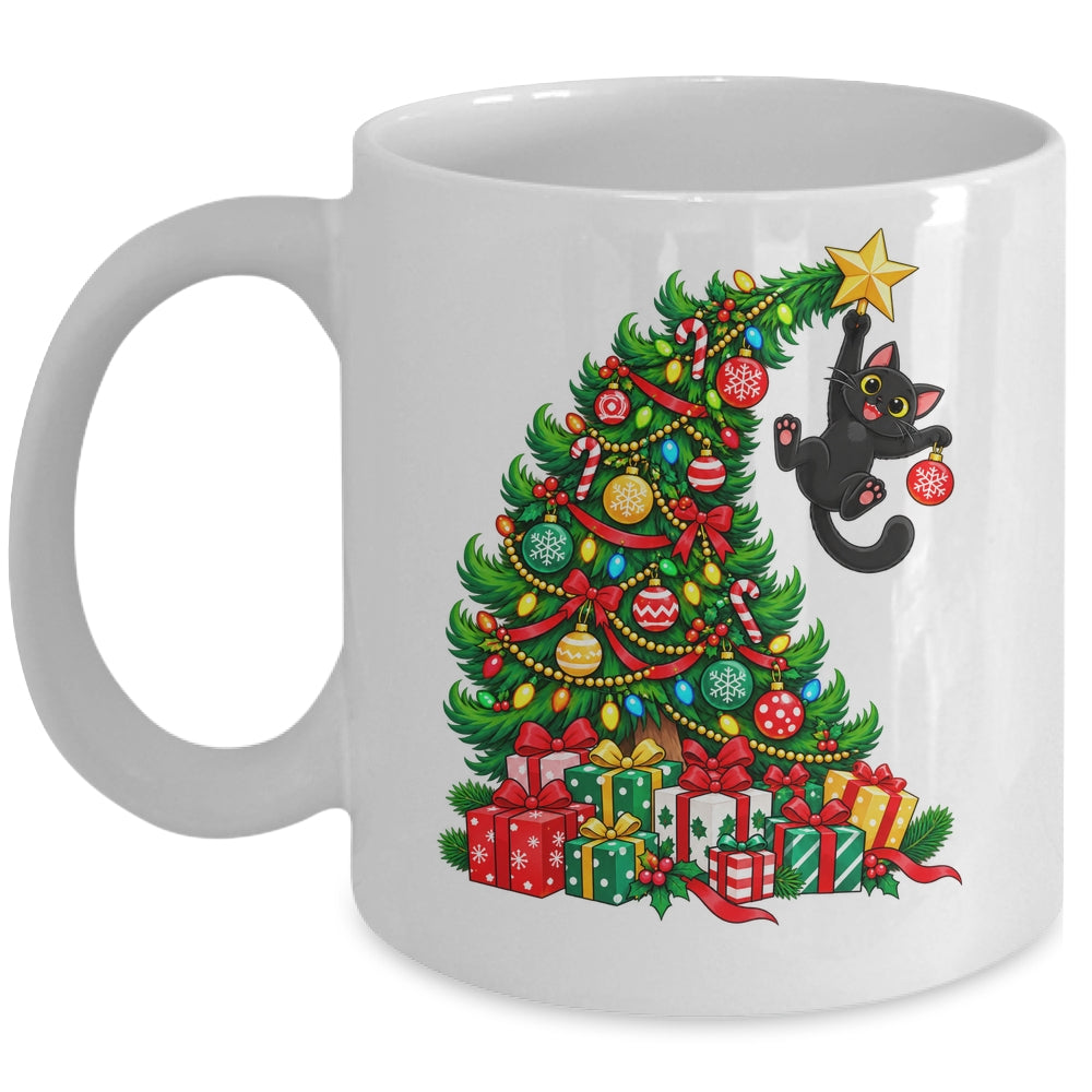 Black Cat Hanging From Christmas Tree Funny Pet Lover Mug | teecentury