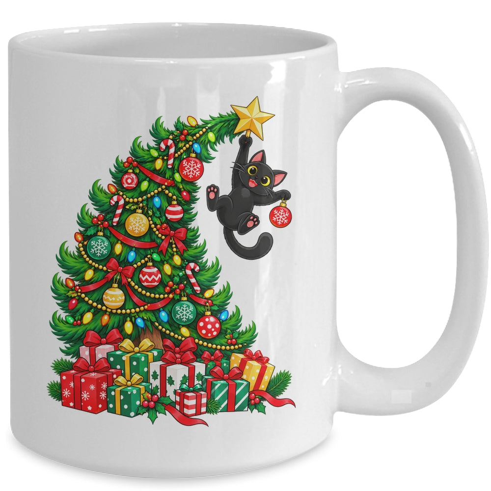 Black Cat Hanging From Christmas Tree Funny Pet Lover Mug | teecentury