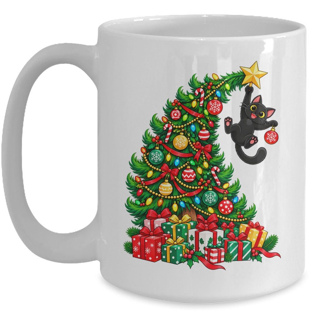 Black Cat Hanging From Christmas Tree Funny Pet Lover Mug | teecentury