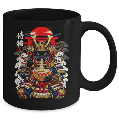 Black Cat Samurai Eats Ramen Funny Japanese Feline Warrior Mug | teecentury
