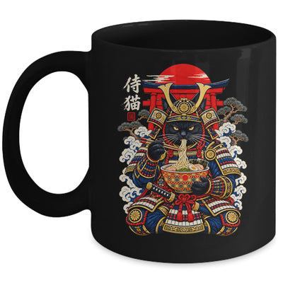 Black Cat Samurai Eats Ramen Funny Japanese Feline Warrior Mug | teecentury