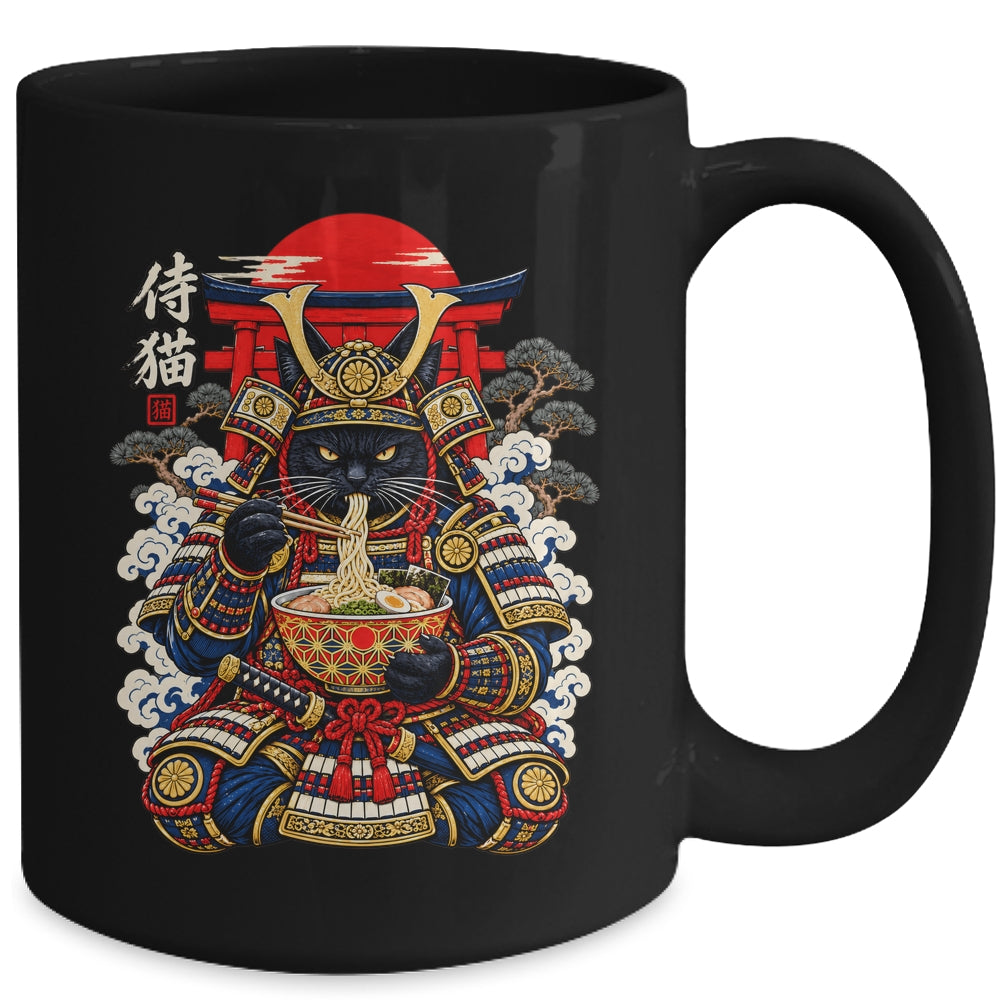 Black Cat Samurai Eats Ramen Funny Japanese Feline Warrior Mug | teecentury