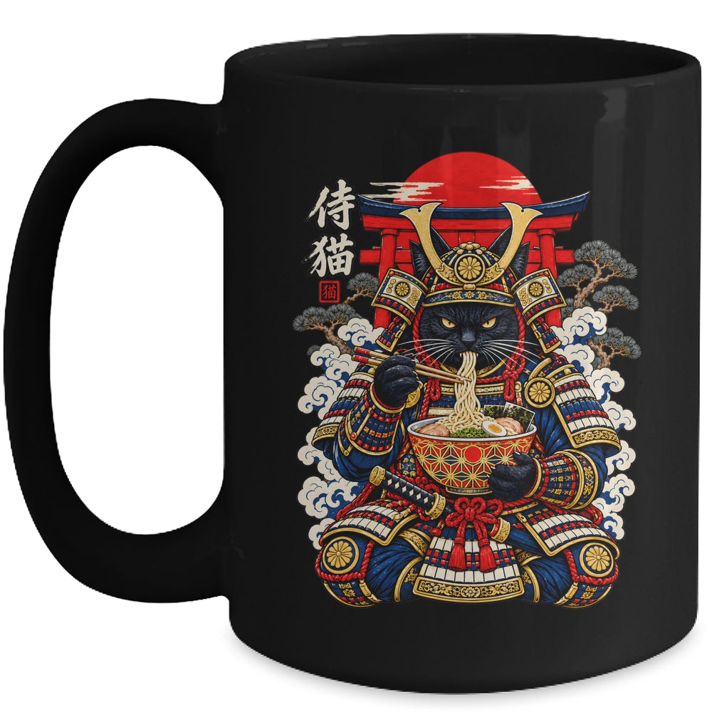 Black Cat Samurai Eats Ramen Funny Japanese Feline Warrior Mug | teecentury