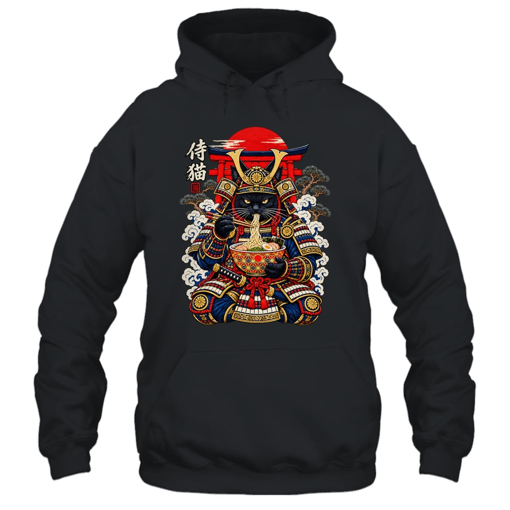 Black Cat Samurai Eats Ramen Funny Japanese Feline Warrior Shirt & Hoodie | teecentury