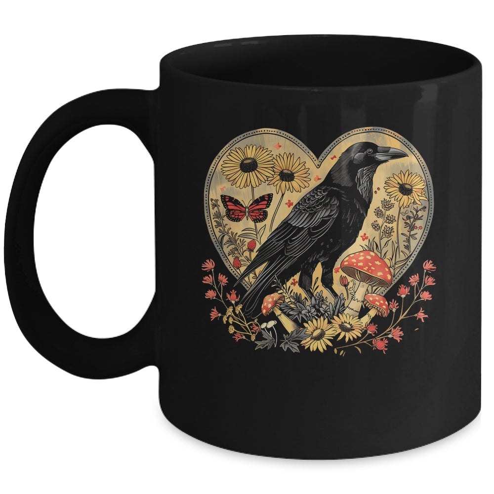 Black Raven Cottagecore Heart Flower Crow Nature Aesthetic Mug | teecentury