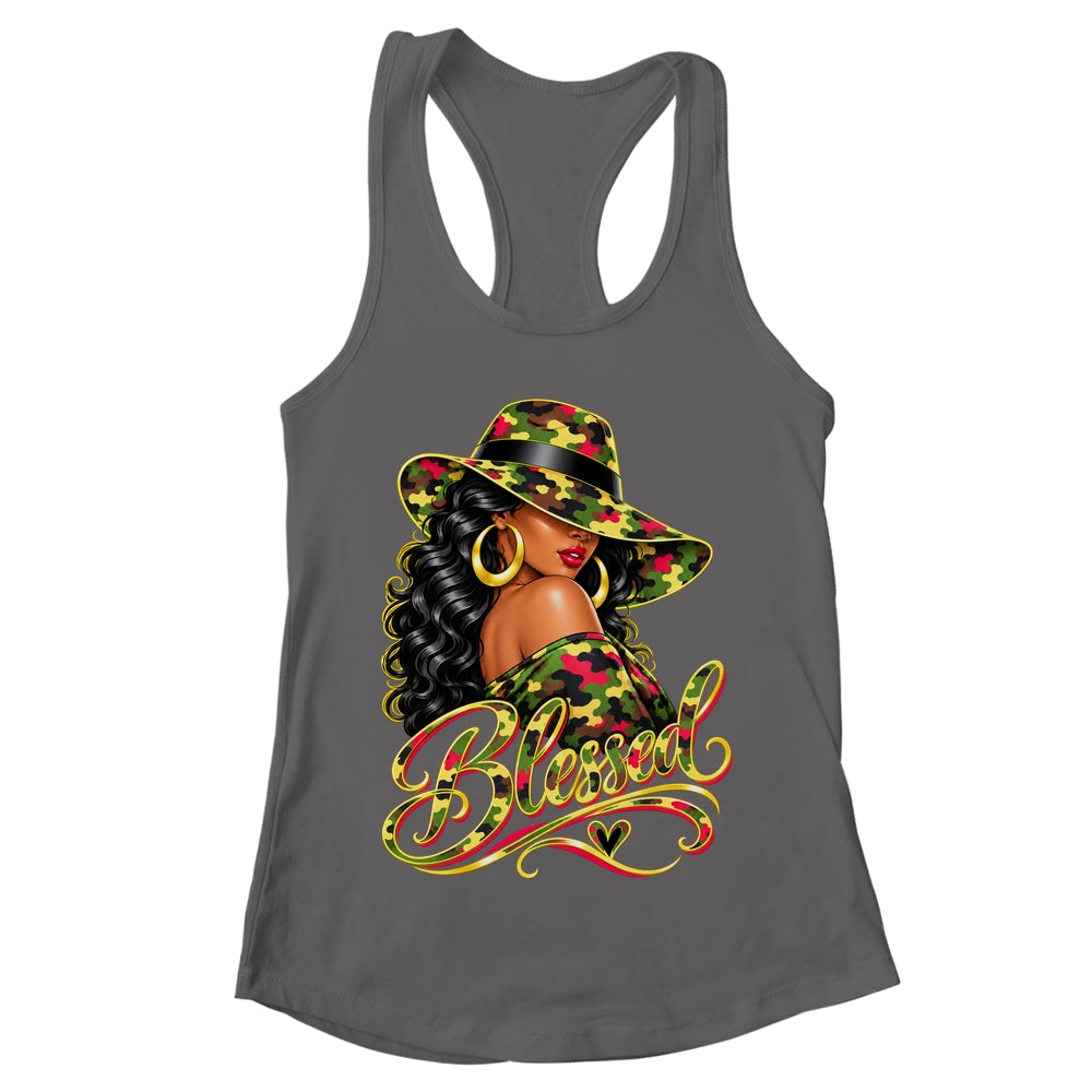 Blessed African American Black Woman Camo Hat Christian Shirt & Tank Top | teecentury