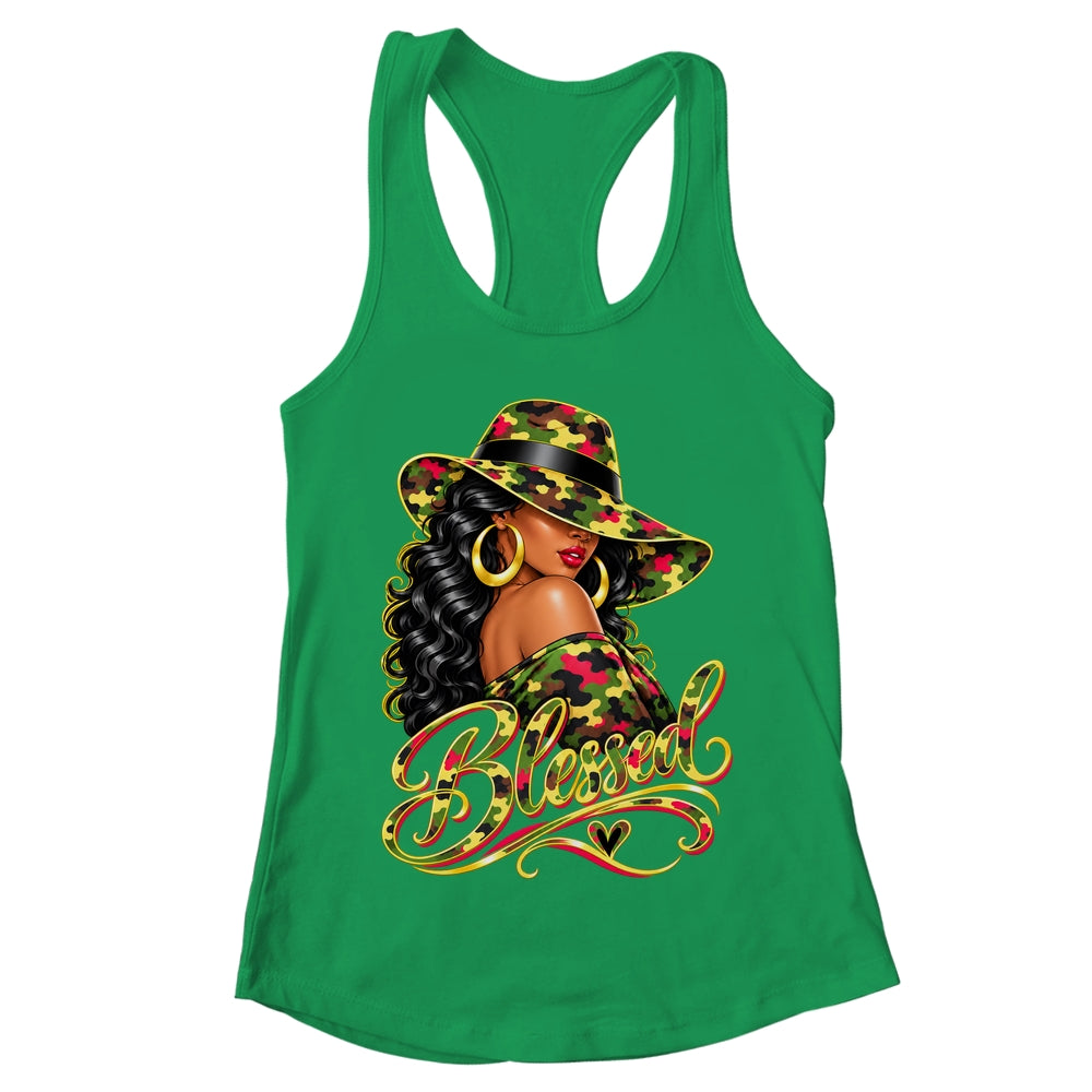 Blessed African American Black Woman Camo Hat Christian Shirt & Tank Top | teecentury