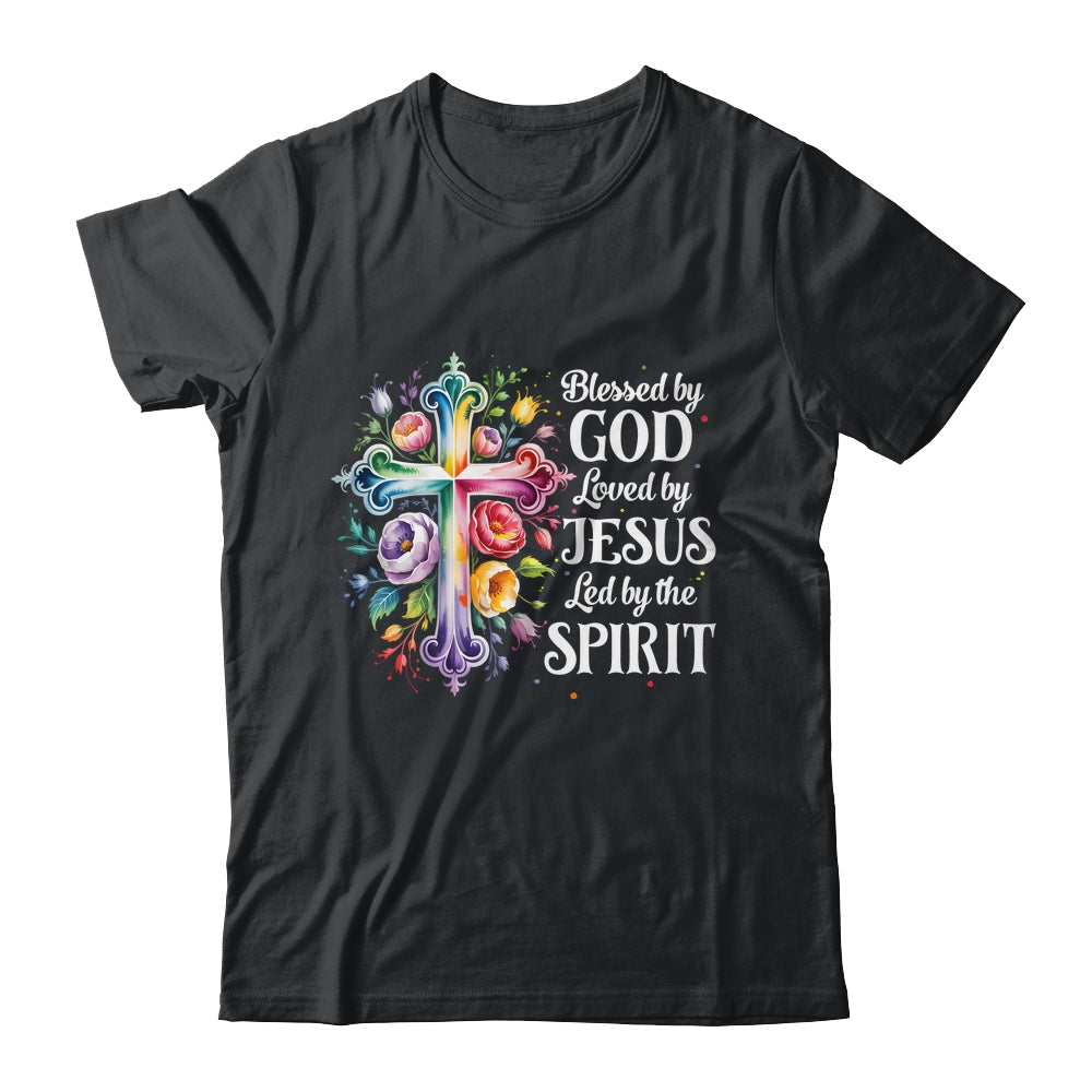 Blessed By God Loved By Jesus Flowers Cross Christian Women Shirt & Tank Top | teecentury