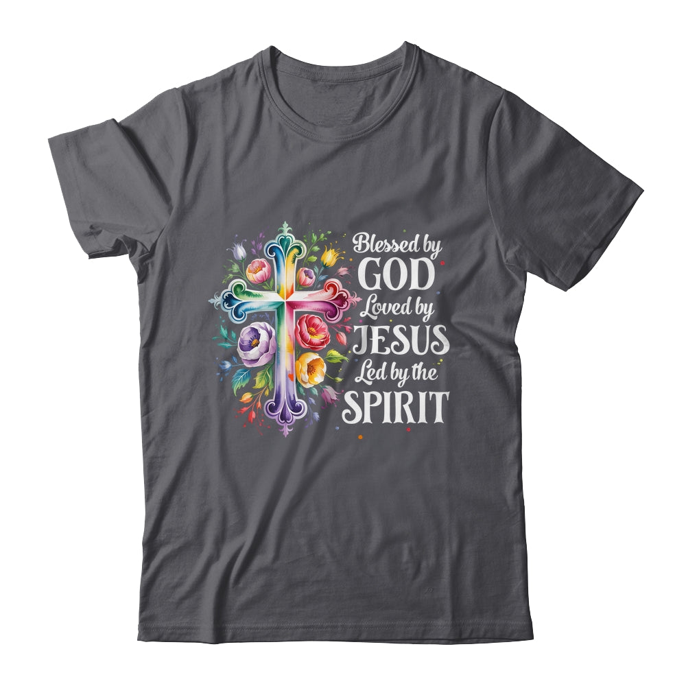 Blessed By God Loved By Jesus Flowers Cross Christian Women Shirt & Tank Top | teecentury