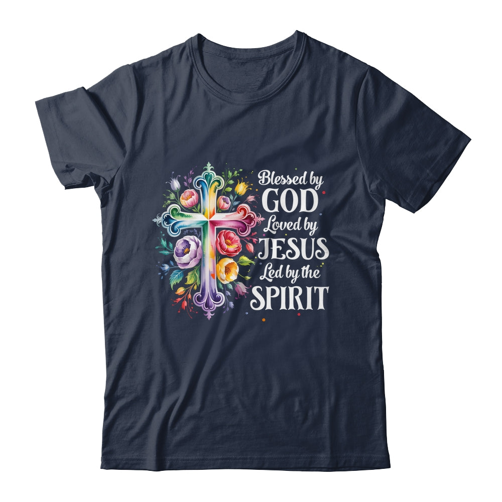 Blessed By God Loved By Jesus Flowers Cross Christian Women Shirt & Tank Top | teecentury
