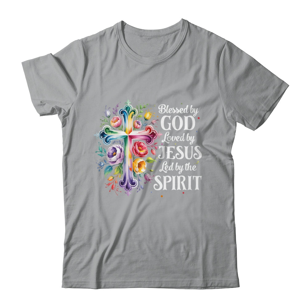 Blessed By God Loved By Jesus Flowers Cross Christian Women Shirt & Tank Top | teecentury