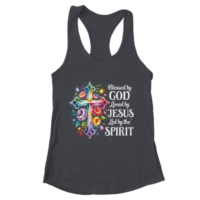 Blessed By God Loved By Jesus Flowers Cross Christian Women Shirt & Tank Top | teecentury