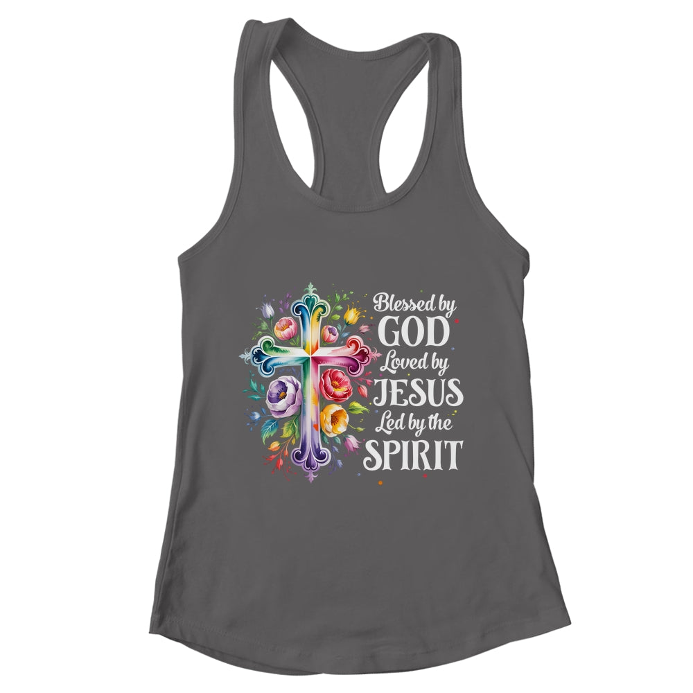 Blessed By God Loved By Jesus Flowers Cross Christian Women Shirt & Tank Top | teecentury