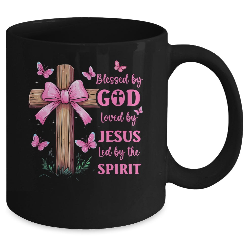 Blessed By God Loved By Jesus Pink Coquette Bow And Cross Mug | teecentury