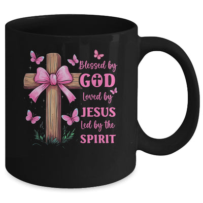 Blessed By God Loved By Jesus Pink Coquette Bow And Cross Mug | teecentury