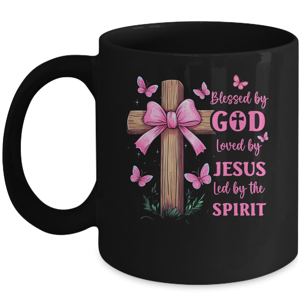 Blessed By God Loved By Jesus Pink Coquette Bow And Cross Mug | teecentury