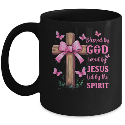 Blessed By God Loved By Jesus Pink Coquette Bow And Cross Mug | teecentury