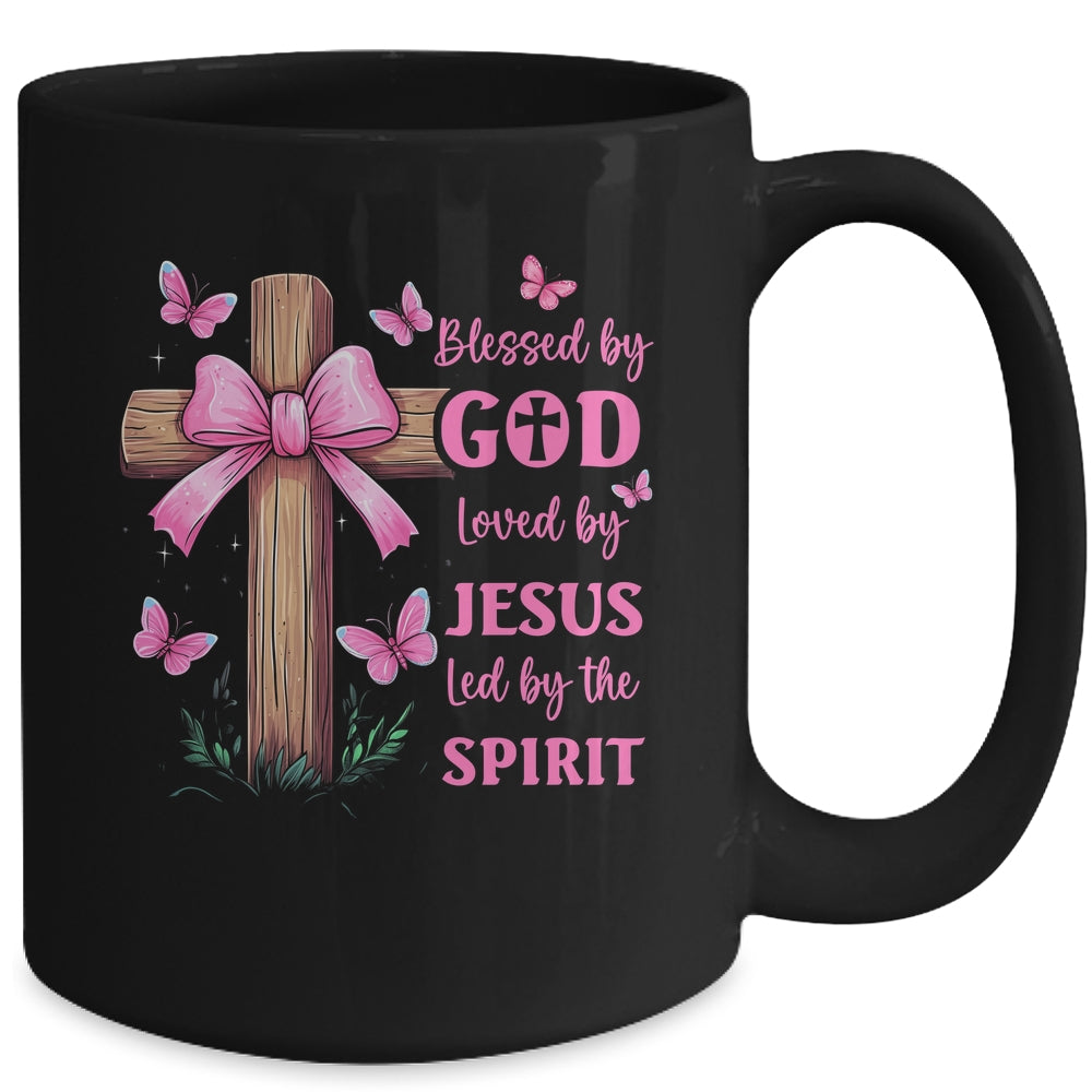 Blessed By God Loved By Jesus Pink Coquette Bow And Cross Mug | teecentury