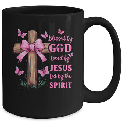 Blessed By God Loved By Jesus Pink Coquette Bow And Cross Mug | teecentury