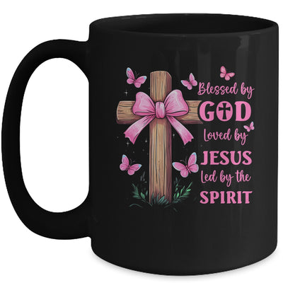 Blessed By God Loved By Jesus Pink Coquette Bow And Cross Mug | teecentury