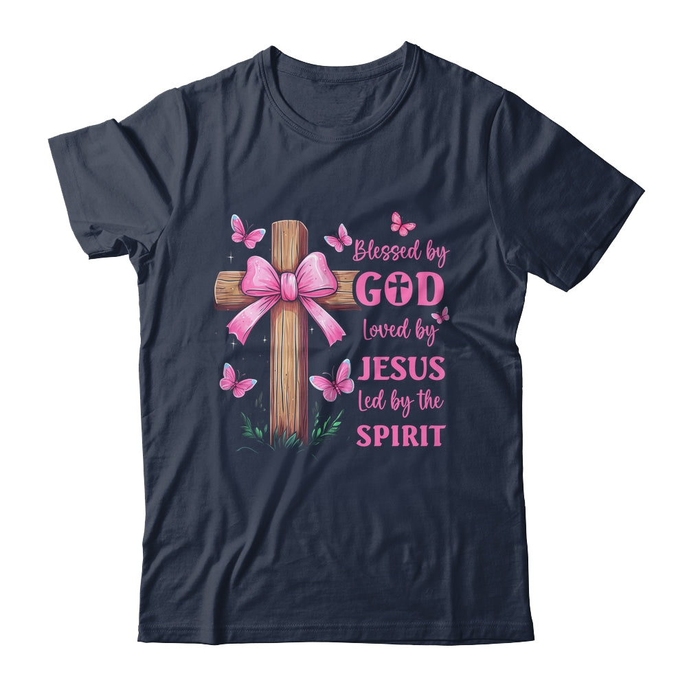 Blessed By God Loved By Jesus Pink Coquette Bow And Cross Shirt & Hoodie | teecentury