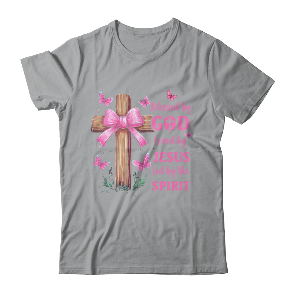 Blessed By God Loved By Jesus Pink Coquette Bow And Cross Shirt & Hoodie | teecentury