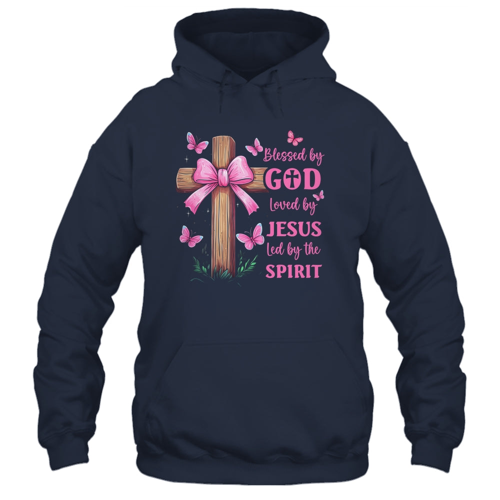 Blessed By God Loved By Jesus Pink Coquette Bow And Cross Shirt & Hoodie | teecentury