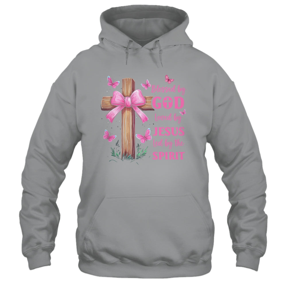 Blessed By God Loved By Jesus Pink Coquette Bow And Cross Shirt & Hoodie | teecentury