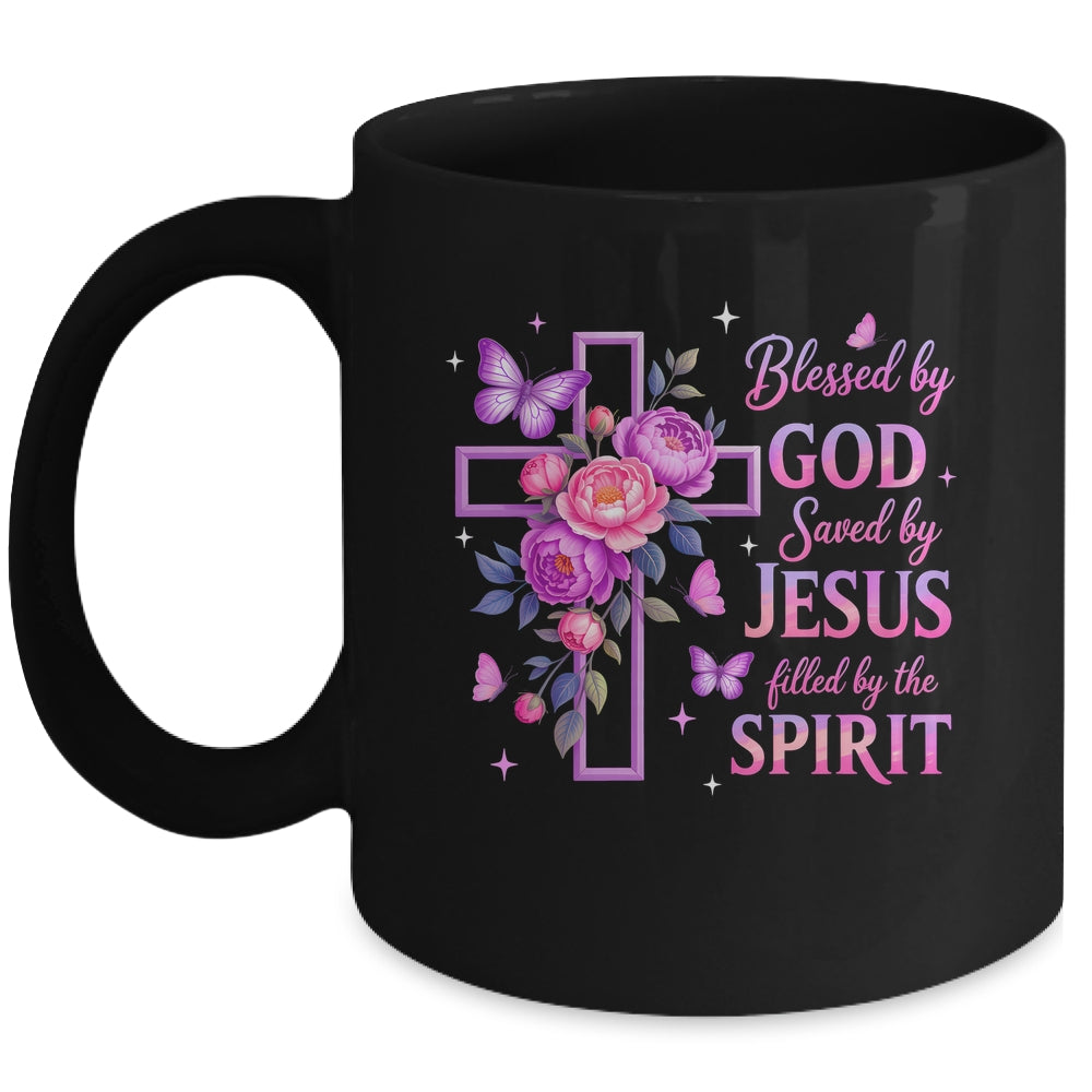 Blessed By God Saved By Jesus Purple Floral Cross Christian Mug | teecentury