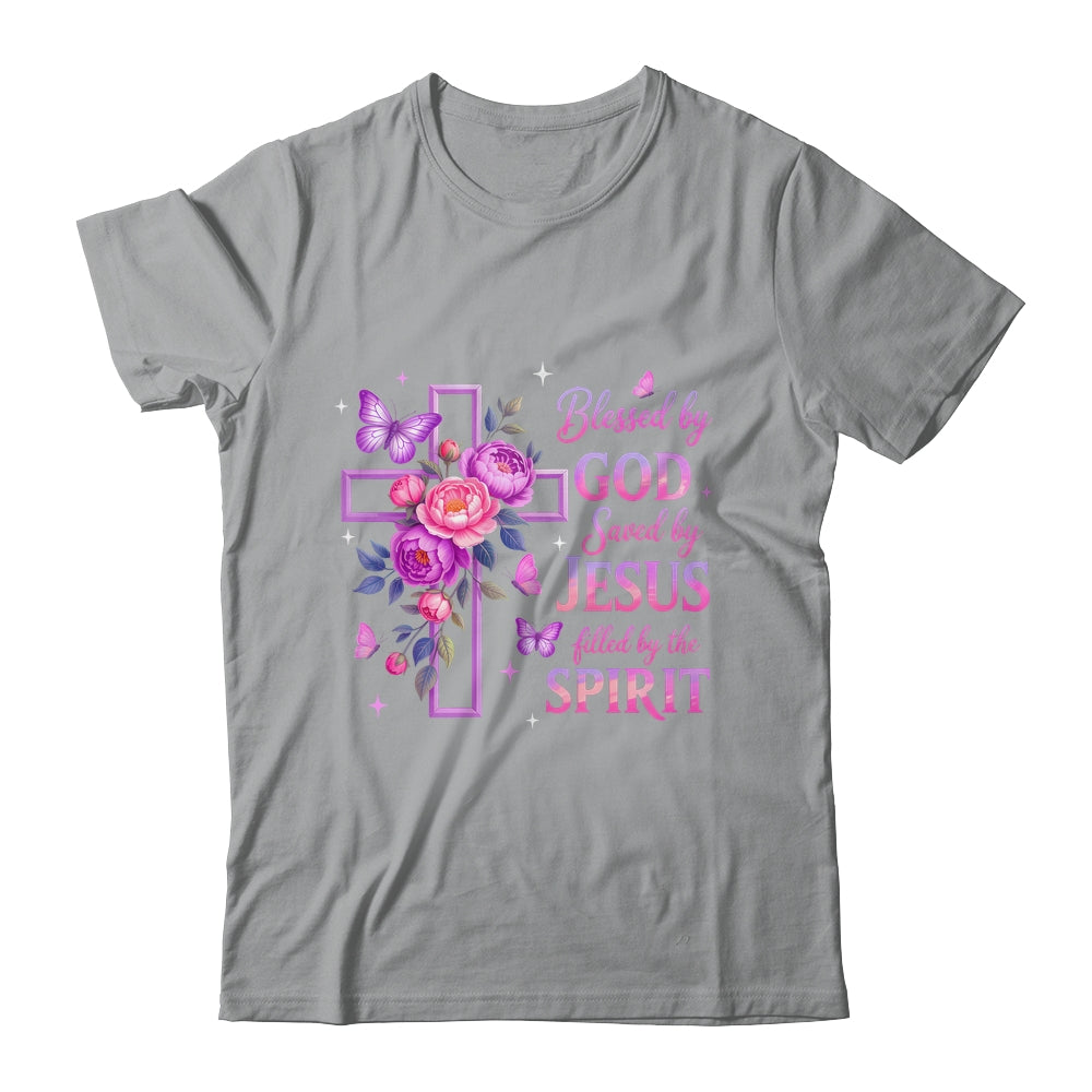 Blessed By God Saved By Jesus Purple Floral Cross Christian Shirt & Tank Top | teecentury