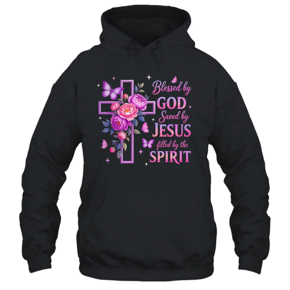 Blessed By God Saved By Jesus Purple Floral Cross Christian Shirt & Tank Top | teecentury