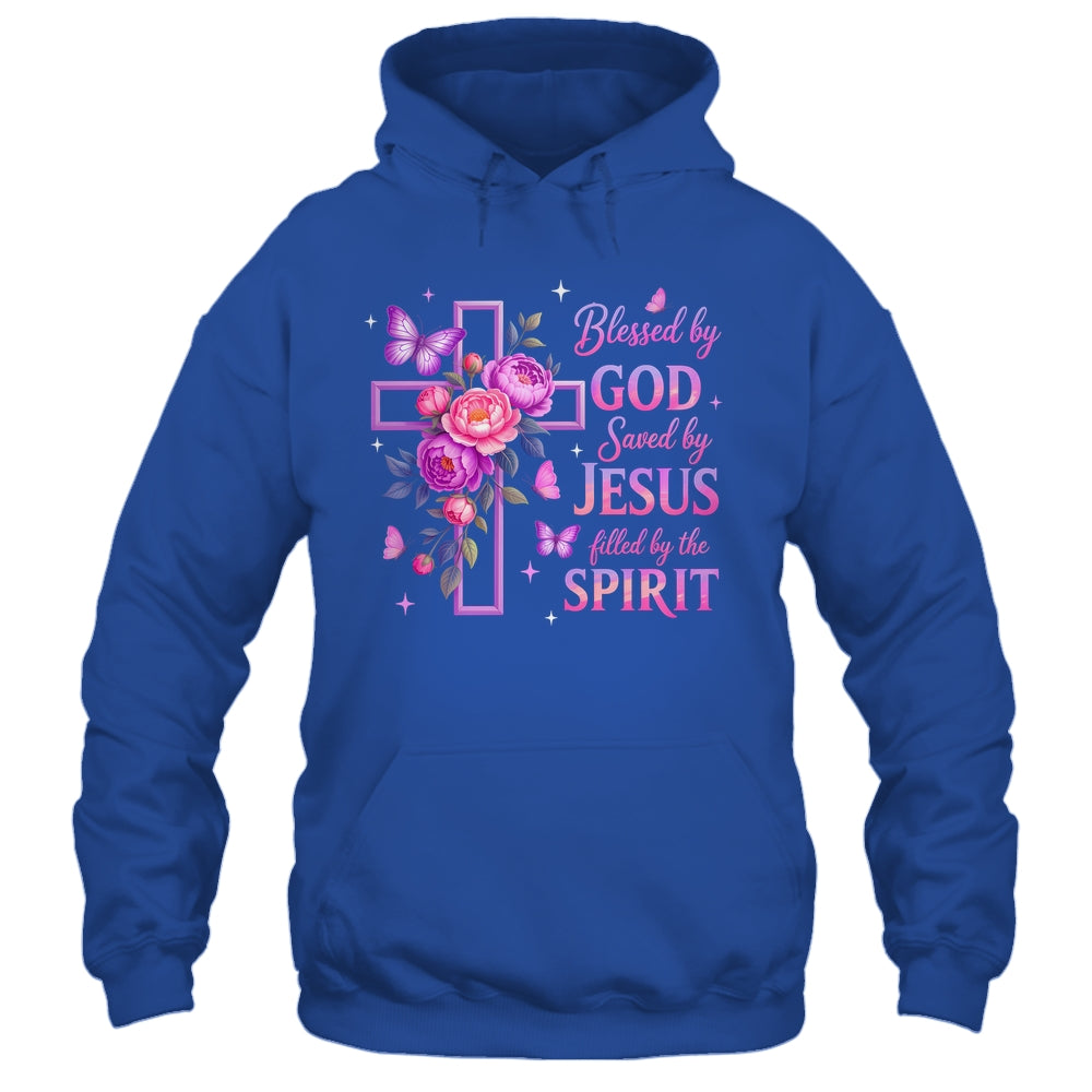 Blessed By God Saved By Jesus Purple Floral Cross Christian Shirt & Tank Top | teecentury