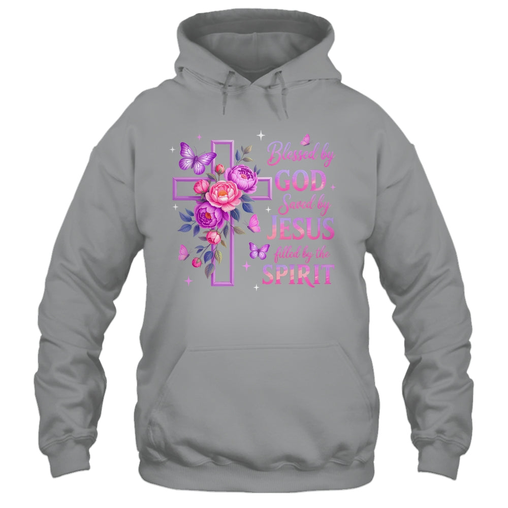 Blessed By God Saved By Jesus Purple Floral Cross Christian Shirt & Tank Top | teecentury