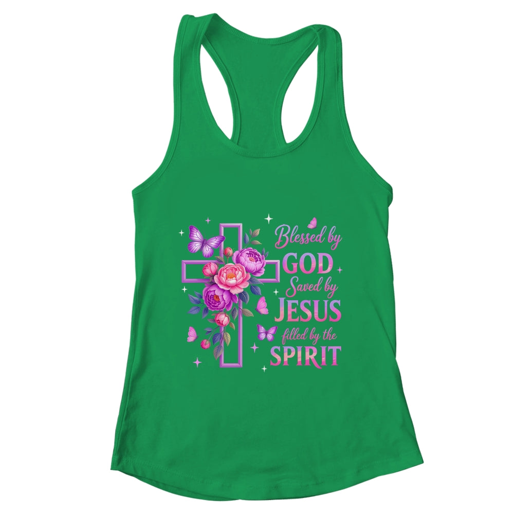 Blessed By God Saved By Jesus Purple Floral Cross Christian Shirt & Tank Top | teecentury