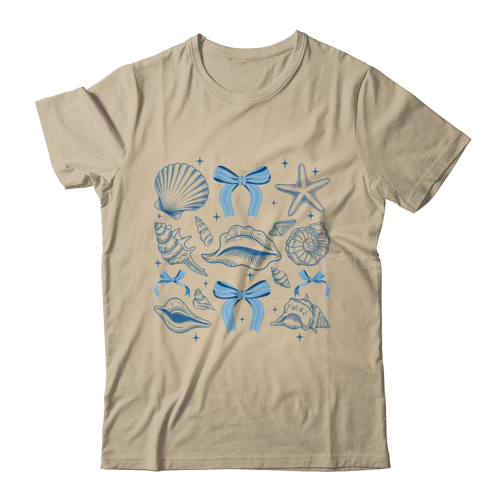 Blue Coquette Bow Seashell Retro Beach Summer Vibes Girls Shirt & Tank Top | teecentury