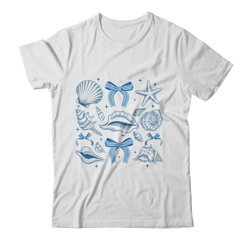 Blue Coquette Bow Seashell Retro Beach Summer Vibes Girls Shirt & Tank Top | teecentury