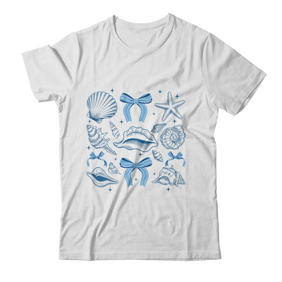 Blue Coquette Bow Seashell Retro Beach Summer Vibes Girls Shirt & Tank Top | teecentury