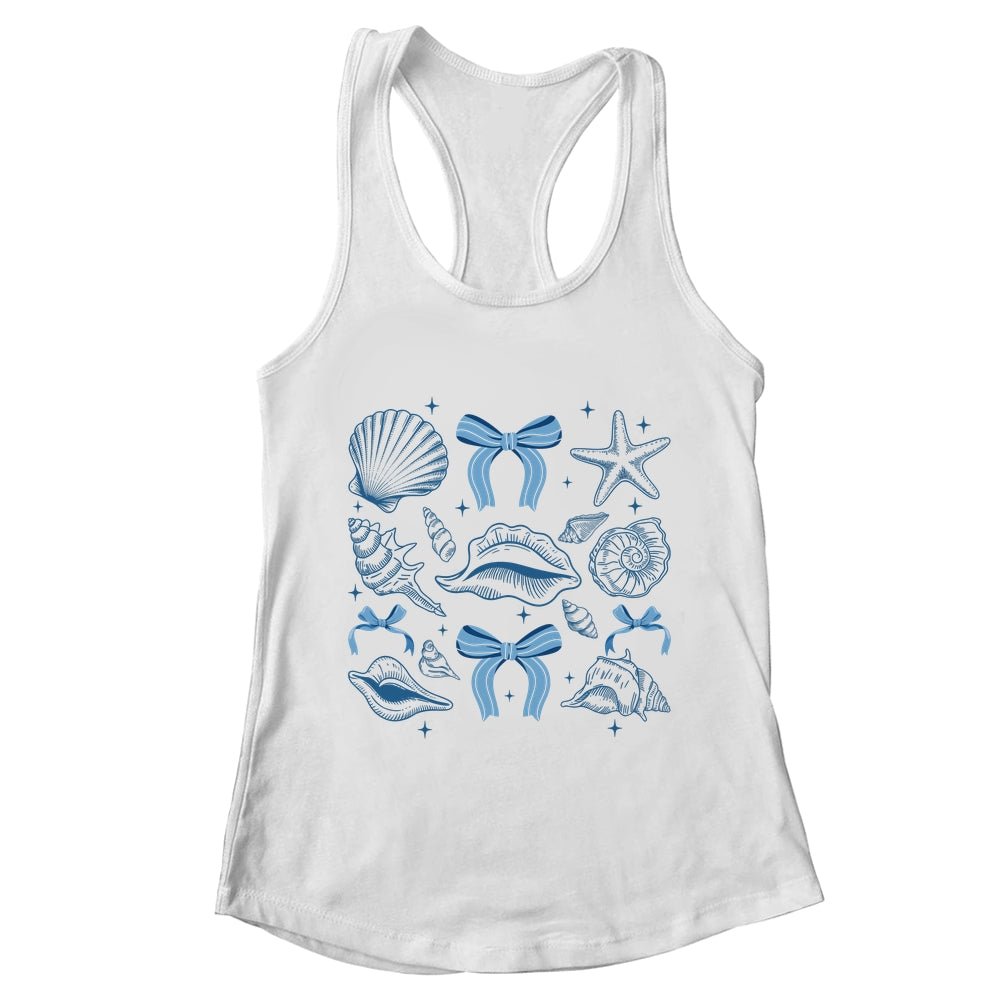 Blue Coquette Bow Seashell Retro Beach Summer Vibes Girls Shirt & Tank Top | teecentury