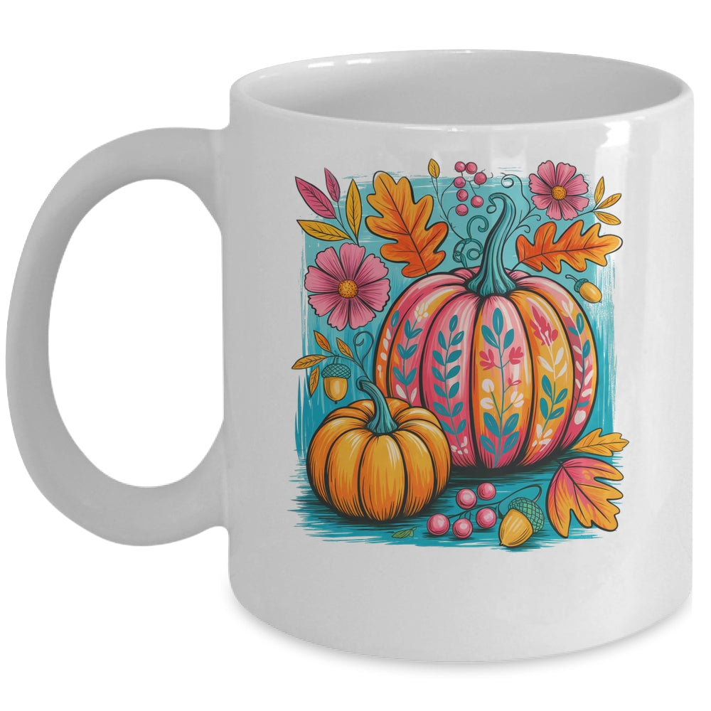 Boho Floral Fall Autumn Vibes Season Pink Pumpkin Girls Mug | teecentury